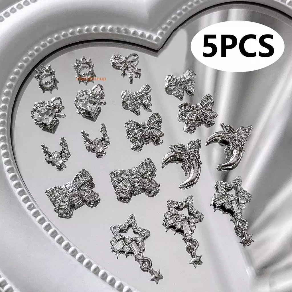 [risingmeup] 5 ชิ้นเล็บ Charms Bow Knot โลหะ 3D ตกแต่งเล็บ Silvery อุปกรณ์เสริมโลหะผสม Rhinestone เครื่องประดับเล็บ Salon ใหม่