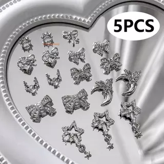 [risingmeup] 5 ชิ้นเล็บ Charms Bow Knot โลหะ 3D ตกแต่งเล็บ Silvery อุปกรณ์เสริมโลหะผสม Rhinestone เครื่องประดับเล็บ Salon ใหม่
