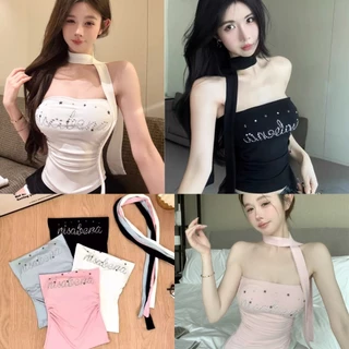 Mini shop🌸พร้อมส่ง🌸(FY943)เสื้อเกาะอกเสริมฟองน้ำ สีพาสเทล น่ารักมาก แถมสายคล้องคอเก๋ไม่ไหว เสื้อแฟชั่น