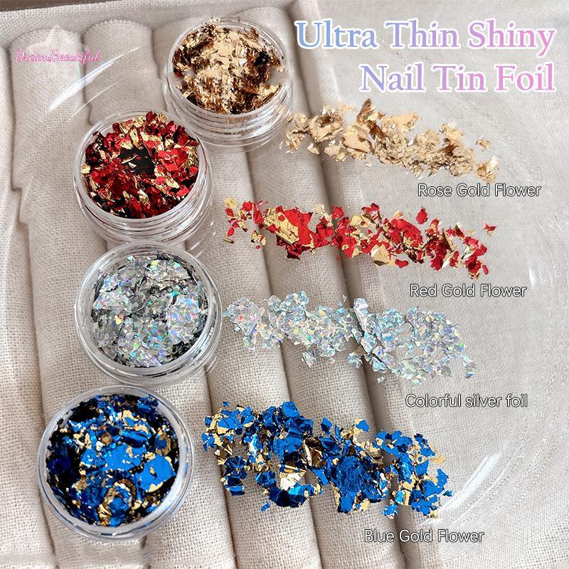 <DBFl-t> 1 กล่องฟอยล์สีทอง Fragment Nail Glitter สําหรับเล็บ DIY สติกเกอร์ตกแต่งเล็บหลายสี Gold Leaf Flakes ใหม่