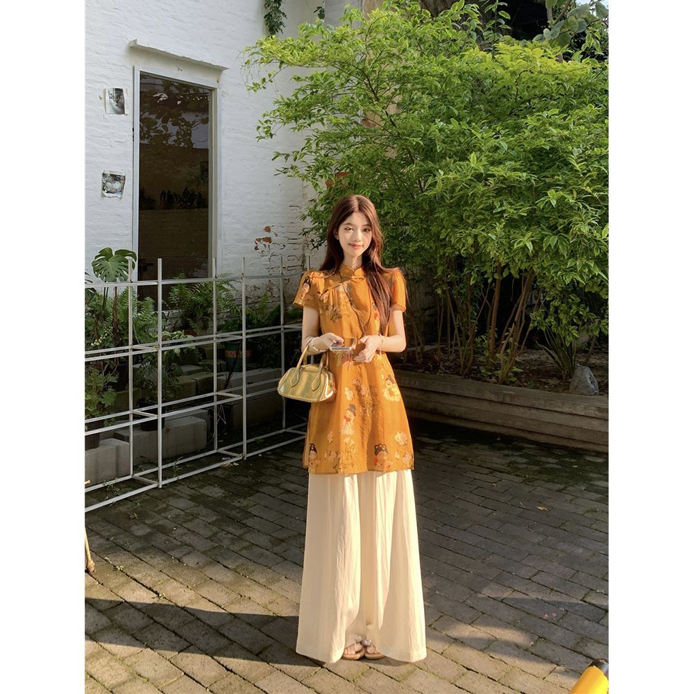 เสื้อเชิ้ตยาวปานกลางหัวเข็มขัดสไตล์จีนใหม่ขนาดใหญ่ + ชุดสูทกางเกงขากว้างเอวสูง