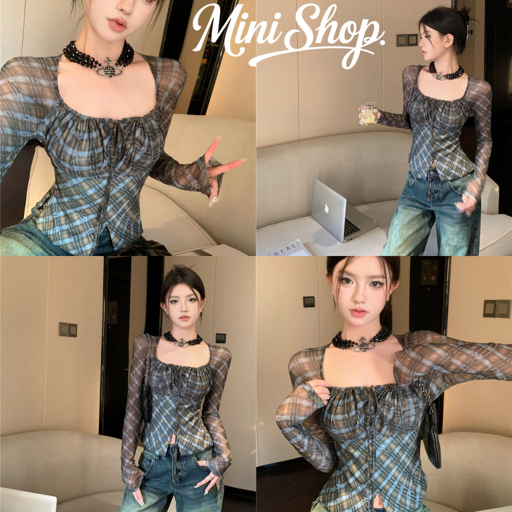 Mini shop🌸พร้อมส่ง🌸(FY5059#)เสื้อแขนยาว ใส่สบาย ลายสก็อตสีเขียวยืดตามตัว ผ้าซีทรูบางเบา สไตล์เกาหลี