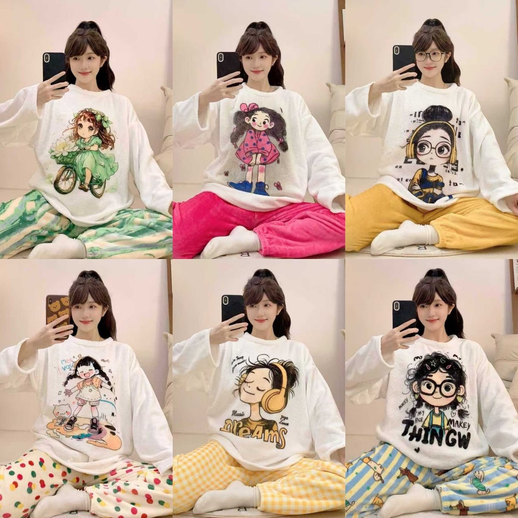 ชุดนอนนาโนพิมพ์ลายการ์ตูน 2 ชิ้น ขนนุ่ม ใส่สบาย JS06 (ไม่มีกระเป๋าข้าง) พร้อมส่ง