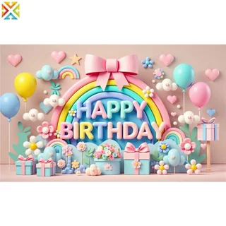 สุขสันต์วันเกิดพื้นหลังแบนเนอร์บอลลูนที่มีสีสันสายรุ้งเมฆเด็กเด็กงานเลี้ยงวันเกิดตกแต่งพื้นหลังผนังฉลองอุปกรณ์ถ่ายภาพ