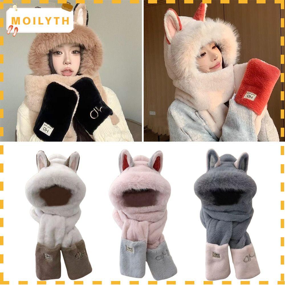 MOILYTH ชุดสามชิ้นสำหรับฤดูหนาว - Fur หมวกและผ้าพันคอ กันลม หนานุ่ม ใช้กลางแจ้ง