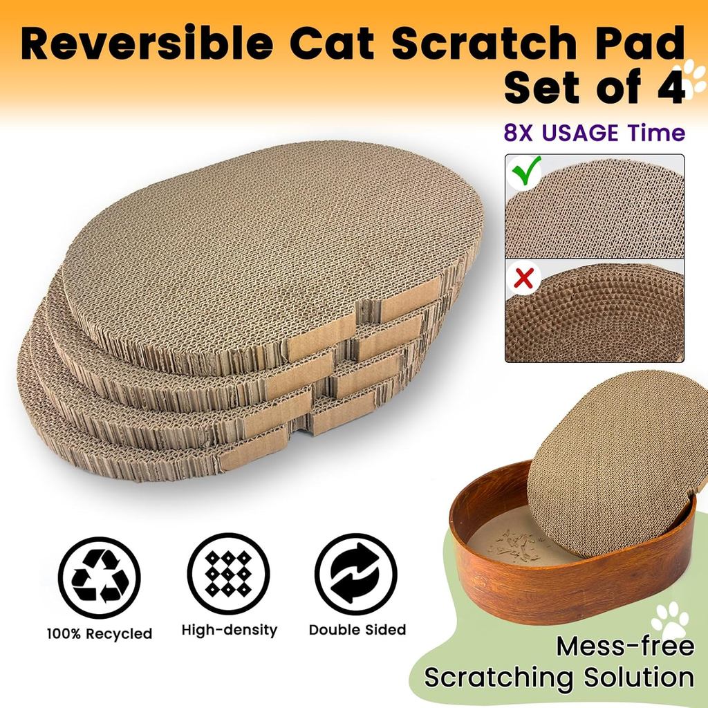 4 Packs Oval Cat Scratcher Cardboard with Box, Cat Scratch Pad for Indoor Cats Lounge Bed - Reversib