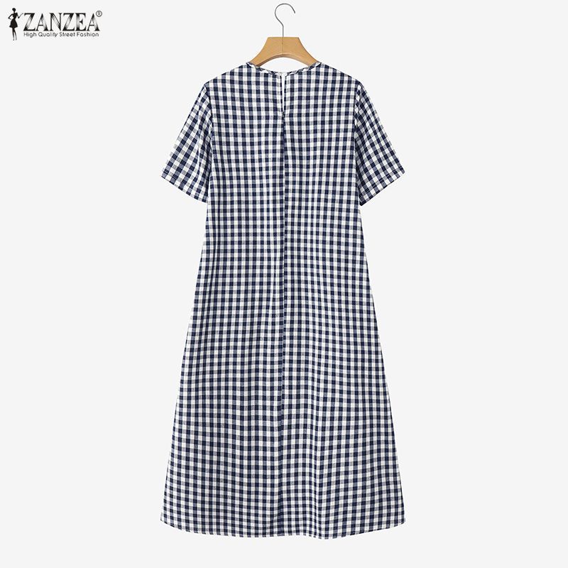 ZANZEA ชุดเดรสคอกลมแขนสั้นลายสก๊อตแบบ Midi สําหรับผู้หญิง - รูปที่ 6