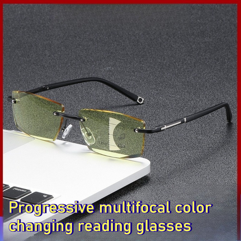 แว่นตาอ่าน Photochromic Multifocal ที่ไม่มีขอบที่ทันสมัย แว่นตาธุรกิจผู้ชาย Unisex แฟชั่น Retro ผู้หญิงป้องกัน Presbyopia สีฟ้า