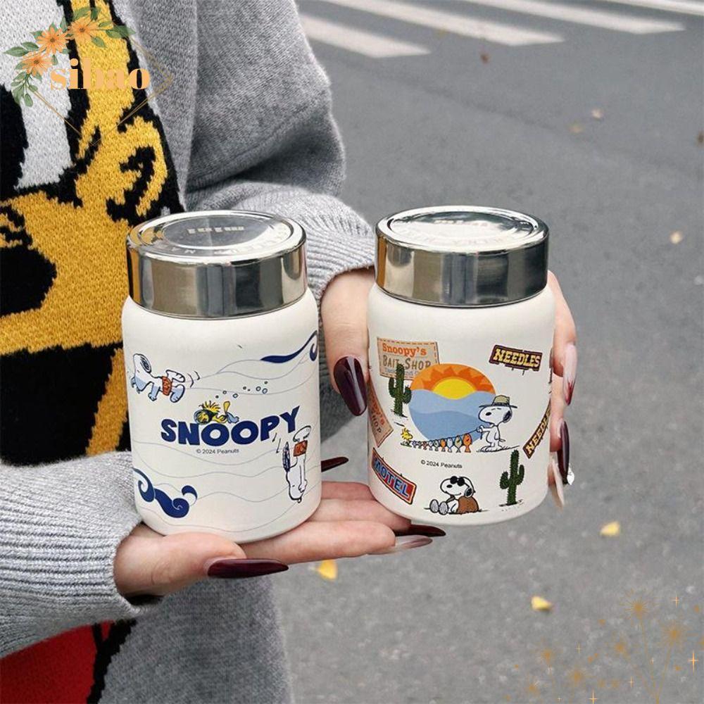 SIBAO แก้วกาแฟสําหรับเดินทาง, แก้วเก็บความร้อนขนาดเล็กป้องกันการรั่วสแตนเลส, ขวดน้ําหุ้มฉนวนน้ําหนักเบา Snoopy การ์ตูน 280 มล.