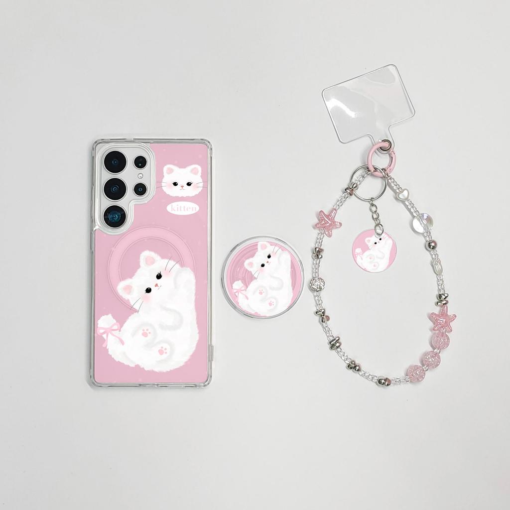 สําหรับSamsung S25 FE S25 UltraกรณีS24 Ultra S24 FEน่ารักการ์ตูนS24 S23 Plusฝาครอบแม่เหล็กS22 Ultra Hard Shellสีชมพูแมวสีขาวขนาดใหญ่