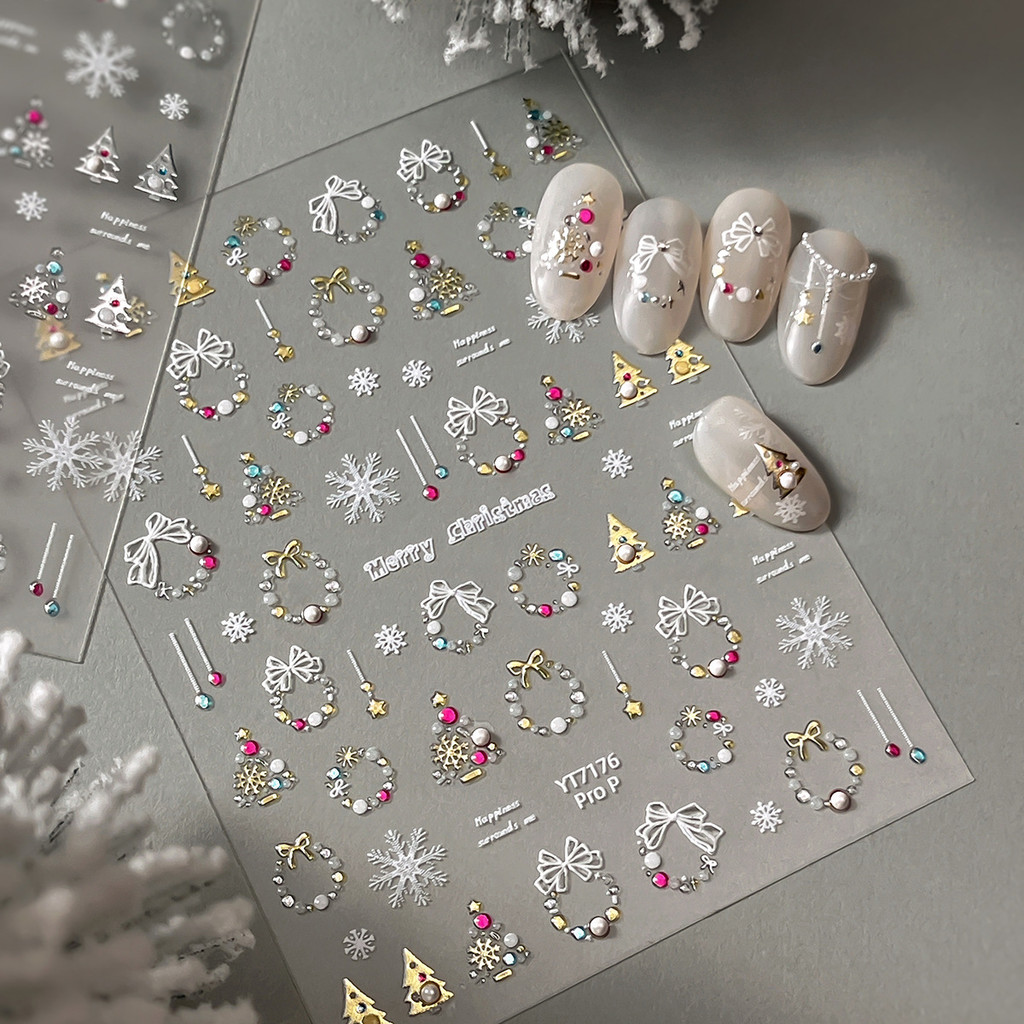 สติกเกอร์สไตล์วุ้นเล็บวุ้นวุ้นปั๊มร้อนสไตล์มุกสติกเกอร์เล็บคริสต์มาสเกล็ดหิมะหรูหราพวงหรีดคริสต์มาสสติกเกอร์ตกแต่งต้นคริสต์มาสขายส