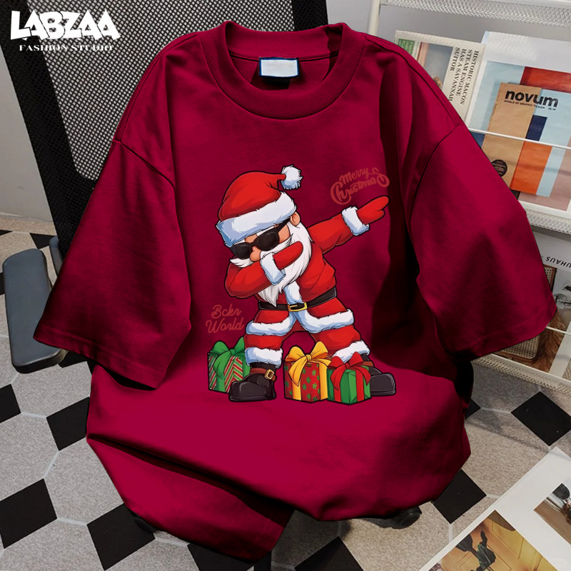【จัดส่งตลอด 24 ชั่วโมง】 LABZAA ทันสมัยและเรียบง่าย🎅Christmas ลายพิมพ์ซานตาคลอส วินเทจฟอกน้ำ โอเวอร์ไซซ์ ใส่สบาย YG2824