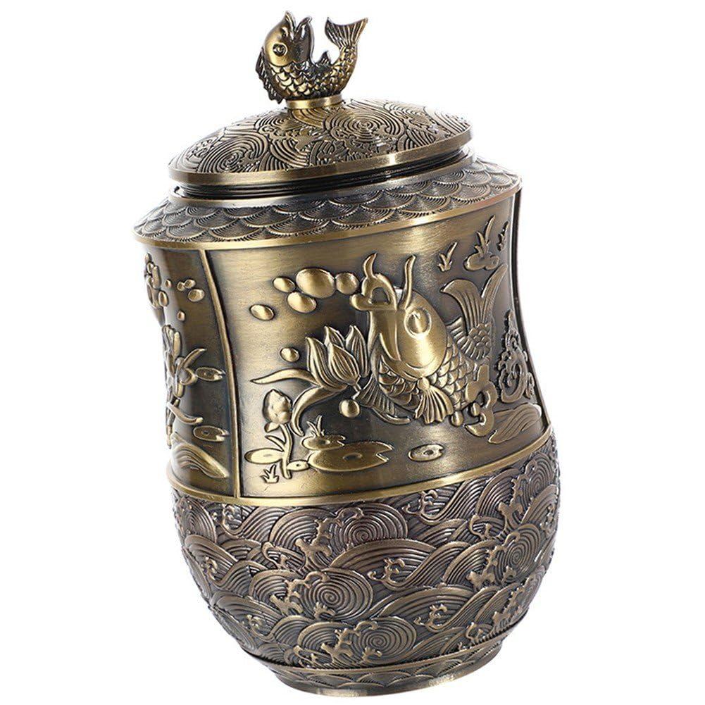 Tea canister, tea container, koi fish design, made of alloy, with lid, retro style, large capacity, 