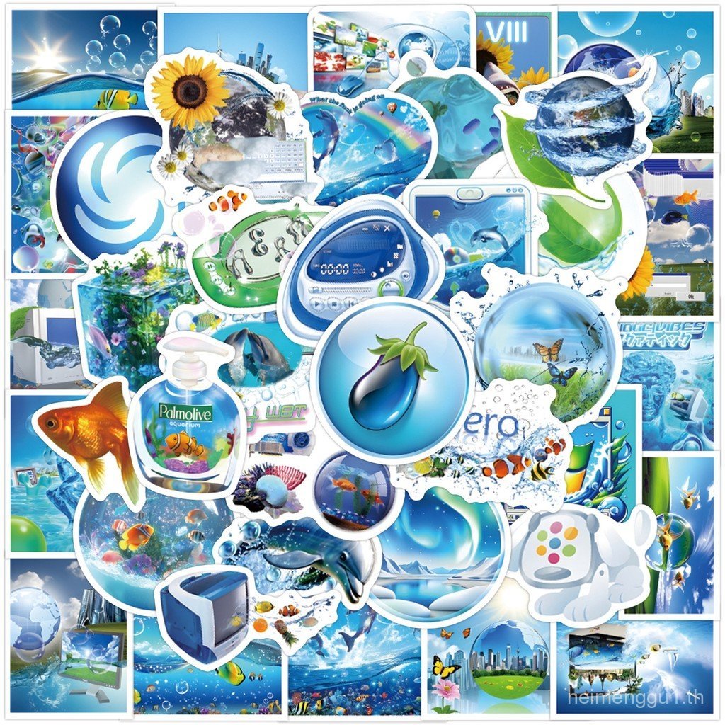 55 แผ่น Frutiger Aero Aesthetic สติกเกอร์ Blue Fresh ตกแต่งกีตาร์ถ้วยน้ําสติกเกอร์กันน้ํา 4XGA