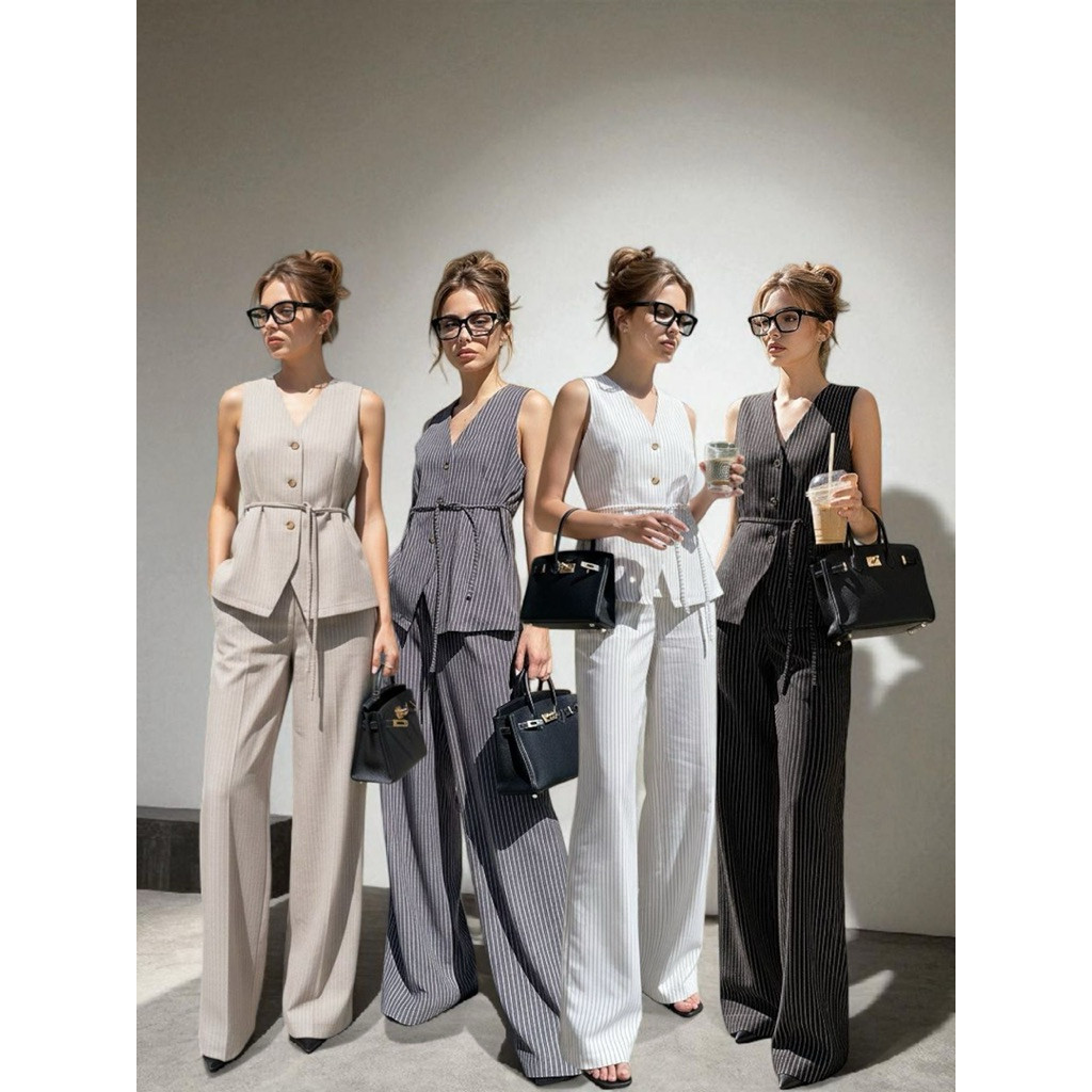 CND-149 กางเกงขายาวลายทางผู้หญิง One set ผ้าคอตตอนแคนดี้แบรนด์ bangkok