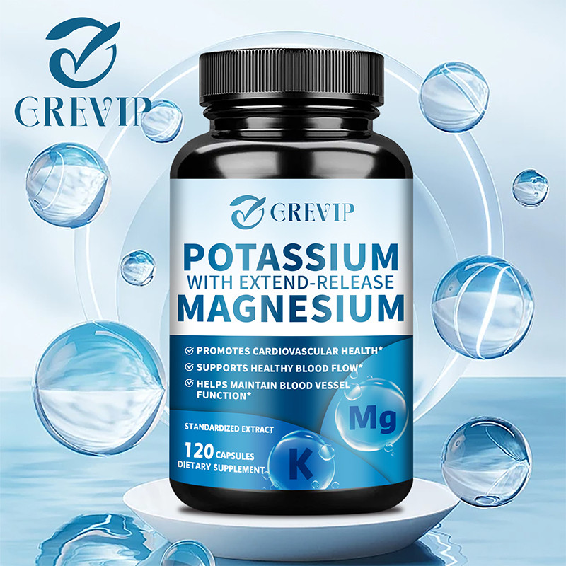 Grevip Slow-Release Potassium and Magnesium อาหารเสริมช่วยการดูดซึมและลดอาการไม่สบายระบบทางเดินอาหาร - 30/60/120 แคปซูล Made in USA.