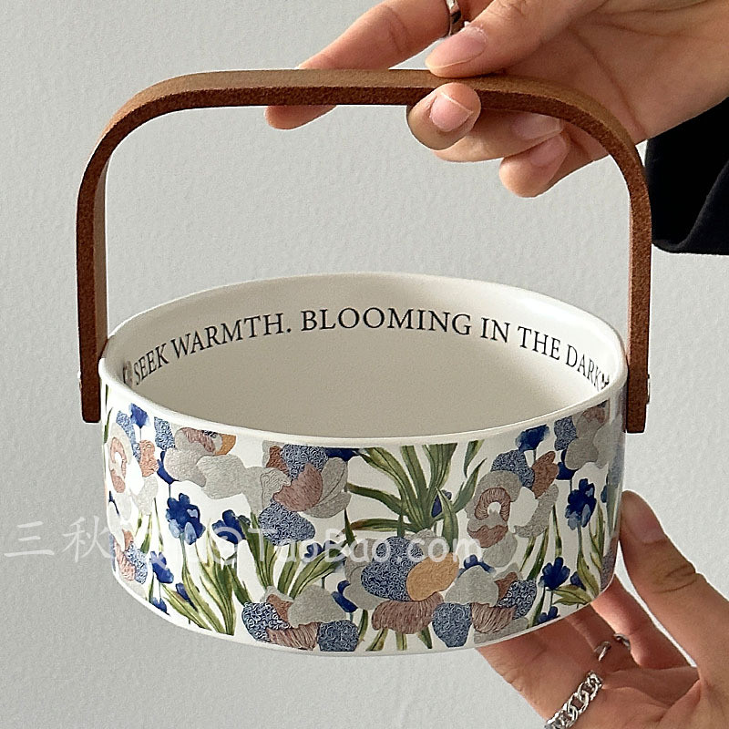 Sanq Retro White Iris Fruit Basket Snacks Dry Fruit Storage Tray Ceramic Portable Fruit Basket