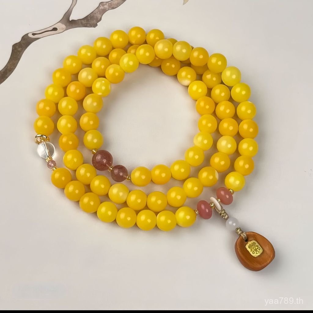 สร้อยคอ Live Bodhi Root สีเหลือง 108 เม็ด พร้อมลูกปัดขี้ผึ้ง สำหรับทั้งผู้ชายและผู้หญิง
