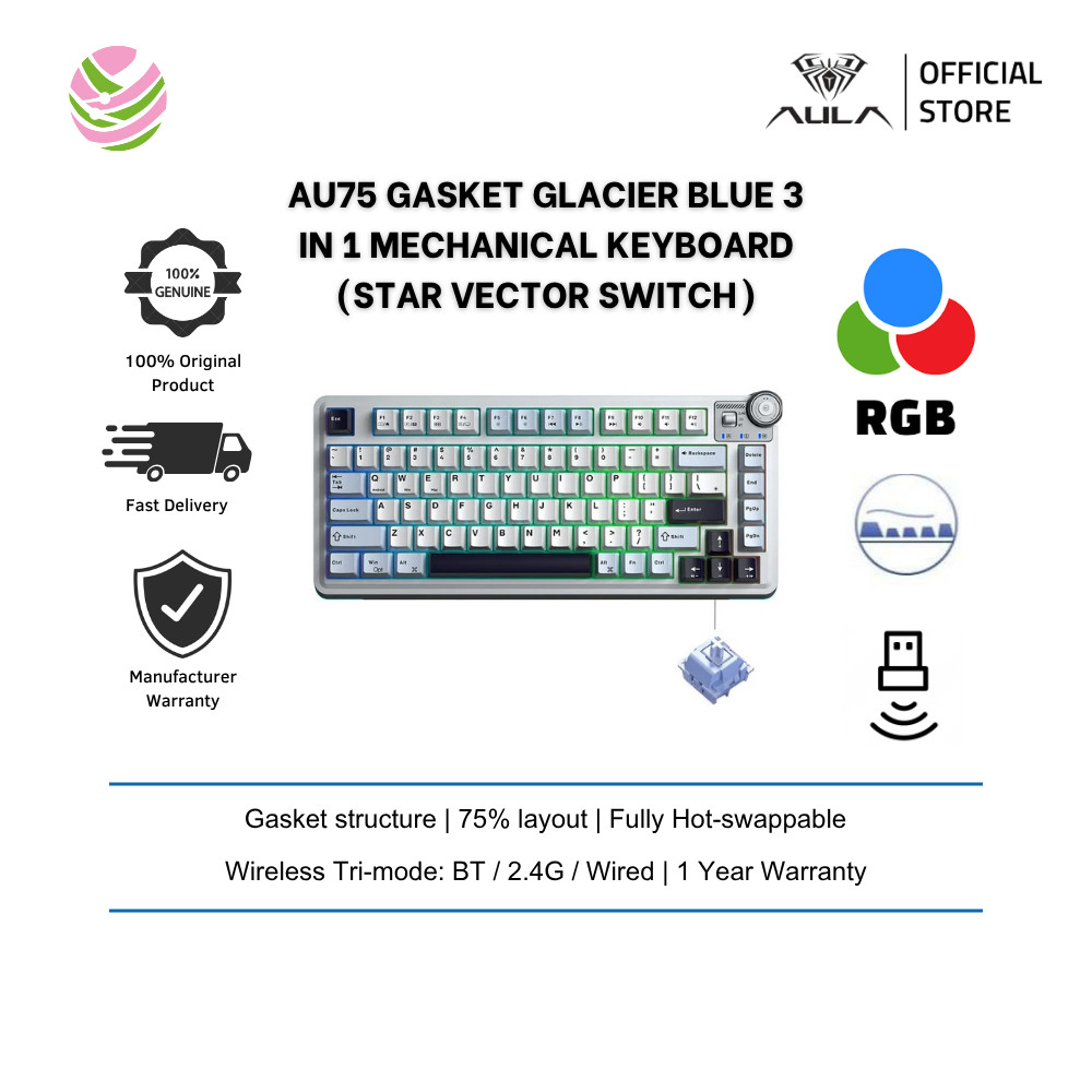 AULA-AU75 ปะเก็น 3 in 1 คีย์บอร์ดแบบกลไก Glacier Blue (สีฟ้าอ่อน + สีขาว + สีม่วงสีดํา) Star Vector 