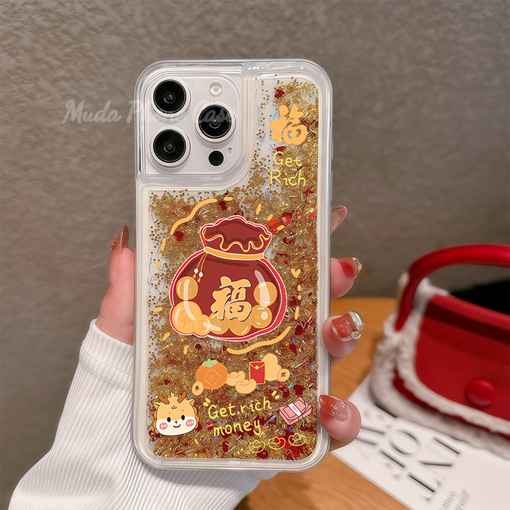 โชคดี ลิ่มทอง เคสสําหรับไอโฟน 11 13 catty ทรายไหลสีทอง case for IPhone 16 15 14 13 7 8plus Pro Promax XR XS นี่ม กันฝุ่น