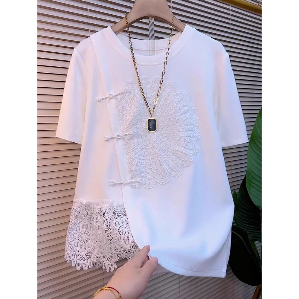 เสื้อยืดลูกไม้เย็บสไตล์จีน ขนาดใหญ่ ทรงหลวม คอกลม แขนสั้น 2025 ดีไซน์ใหม่
