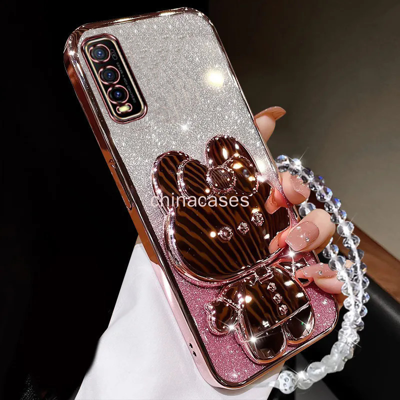 3D พิมพ์เคสโทรศัพท์สําหรับ VIVO Y20 Y20i Y20S Y20A Y12S Y12A Y20T V2026 V2027 V2029 V2032 V2043 พร้อมกระต่ายกระจกวงเล็บและ Anti-drop คริสตัล Lanyard