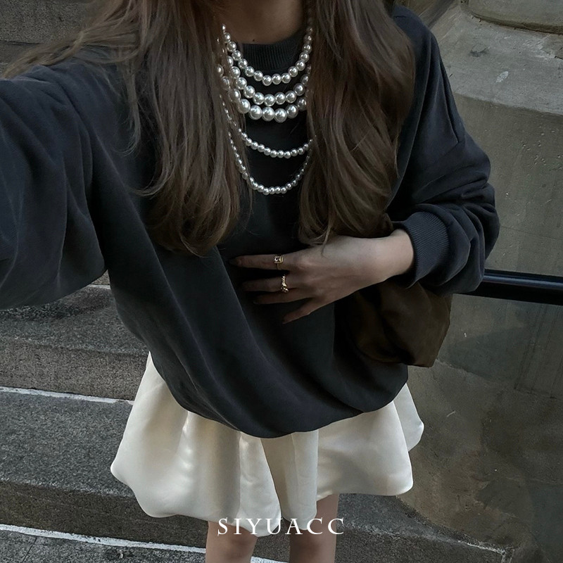 จี้สร้อยคอ สร้อยคอมุก สร้อยคอมuti-layer pearl สำหรับฤดูใบไม้ร่วงและฤดูหนาว แบบ stacking สไตล์หรูหรา