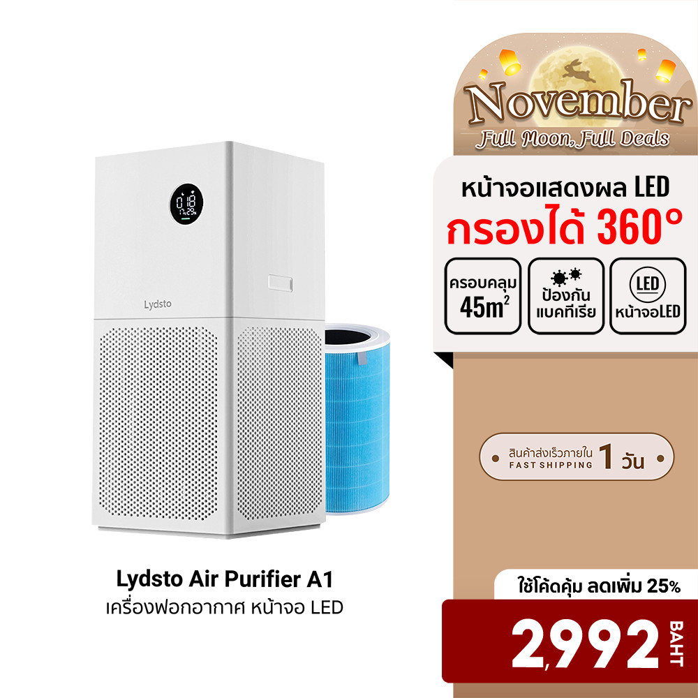 [ลดเหลือ 2992] Lydsto Air Purifier A1 เครื่องฟอกอากาศ หน้าจอ LED เชื่อมต่อผ่านแอป Lydsto -3M