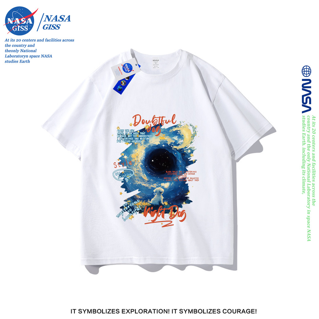 NASA เสื้อยืดชายหญิงแขนสั้น สตรีทฮิปฮอป summer หลุมดำ พิมพ์ลาย คอตตอน คอกลม หลวมและระบายอากาศ