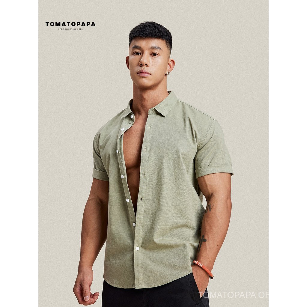 TOMATOPAPA เสื้อเชิ้ตผู้ชายแขนสั้น สไตล์شباب เหมาะสำหรับฤดูใบไม้ผลิและฤดูร้อน แบบ-basic กับรายละเอียด lapel cardigan - รูปที่ 4