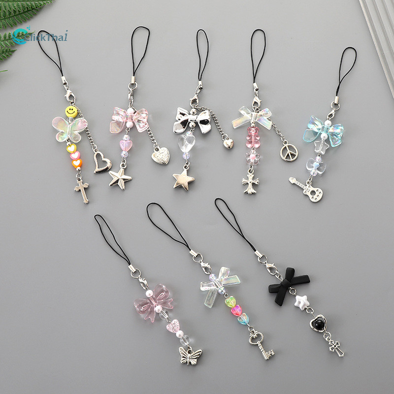 โซ่โทรศัพท์มือถือ Cross Bag Hand Lanyards สีสันหัวใจโบว์โทรศัพท์โซ่เคสโทรศัพท์จี้สร้างสรรค์ลูกปัดโทรศัพท์โซ่