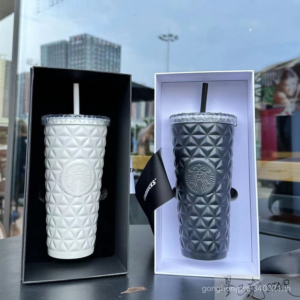 Breeze Cup.591ml Starbucks Cup Limited Edition Valentine's Day Gift Ins Creative Style Black and White Moonlight Diamond Lattice Stainless Steel Coffee Cup JXYZ