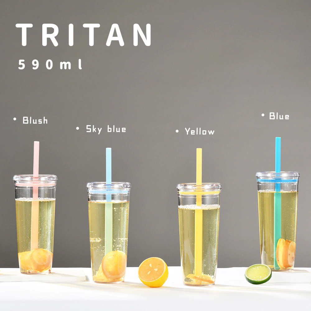 ✅แก้วดูดหลอดความจุ 590ml ใหม่! วัสดุ Tritan เก็บชา กาแฟ ได้ | หลายสีน่ารัก | หลอดใหญ่ | แก้วน้ำพกพา