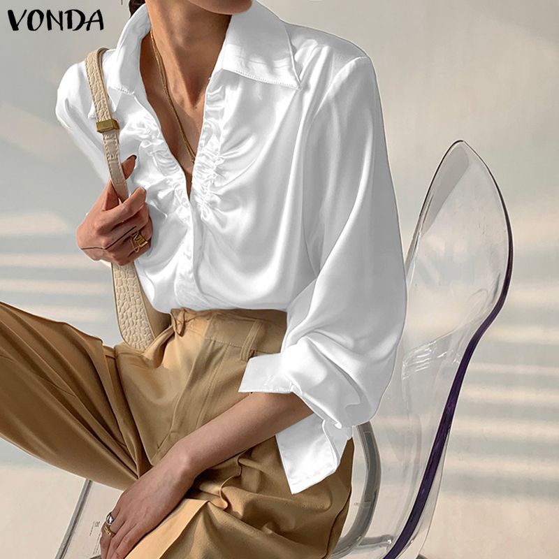 VONDA ผู้หญิงเกาหลีลําลองปกจีบ Silky ซาตินแขนยาวเหมาะกับทํางานเสื้อเชิ้ตสํานักงาน — صورة 5