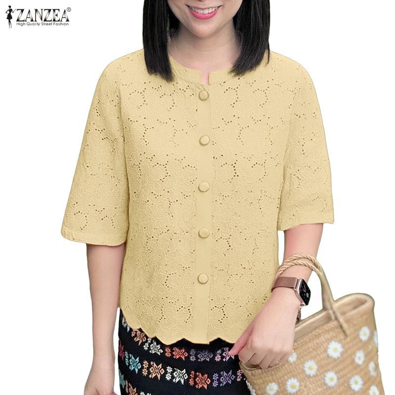 เสื้อลูกไม้แขนครึ่งยาวสำหรับผู้หญิง ตัวเรือนกระดุมแถวเดียว