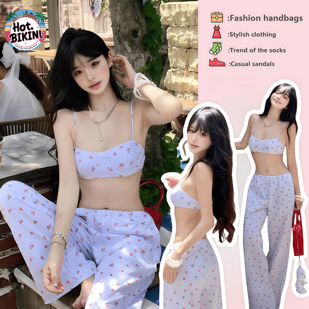 Hot.Bikini บิกินี่+กางเกงขายาว 3 ชิ้น รุ่นใหม่ ชุดว่ายน้ำผู้หญิง แห้งเร็ว ลายดอกไม้ ระบายอากาศได้ เซ็กซี่ ส่งไวจากไทย