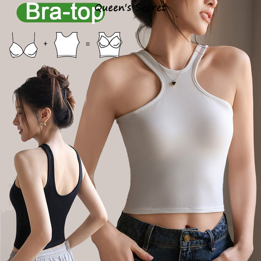 เสื้อครอปสายเดี่ยว สไตล์ราชินี ผ้าฝ้ายมีแผ่นรอง คอวายเนอร์ ทรงยูใหญ่หลัง