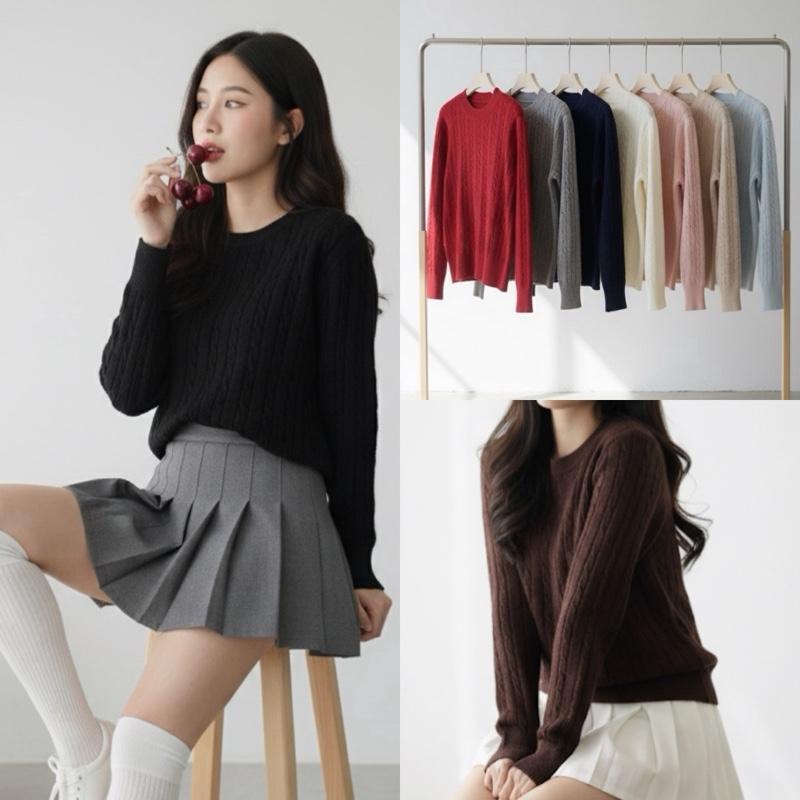 Chili Koko เสื้อถักคอกลมสไตล์ย้อนยุคสำหรับผู้หญิง นุ่มและเป็นมิตรต่อผิวหนัง แขนยาวหลวม สไตล์สเวตเตอร์พื้นฐาน 88042