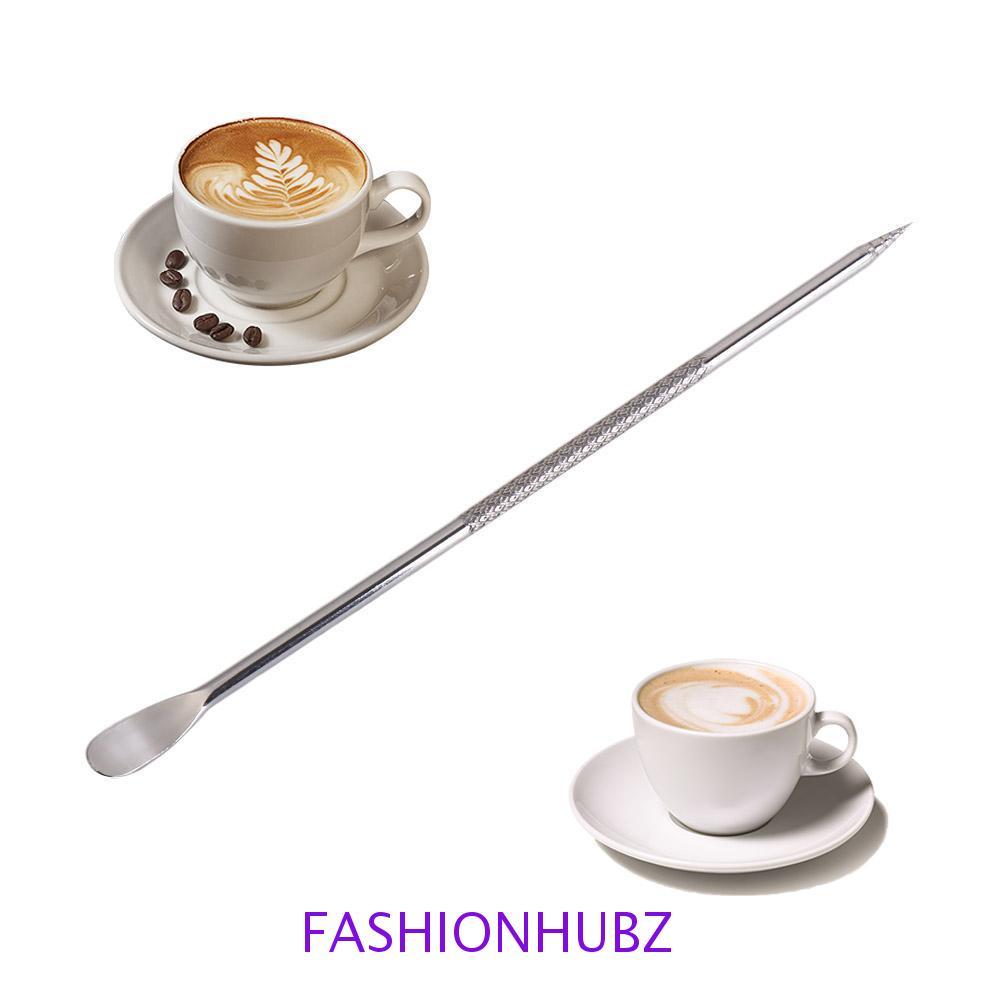 แฟชั่นฮับ เข็มศิลปะกาแฟด้ามไม้พร้อมกล่อง ปากกาศิลปะลาเต้กาแฟ กันสนิม สแตนเลสออกแบบปลายคู่อุปกรณ์เสริมเอสเปรสโซคาปูชิโน่
