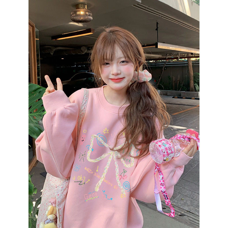 VENGGU สินค้าใหม่เกาหลี Soft Girl Pink Bow Sweatshirt Thailand Southern Hot Sale Gentle Sweet Girl High-Quality Age-Reduction Long-Sleeved Top ราคา ถูกที่สุด ดีลบีเคเค