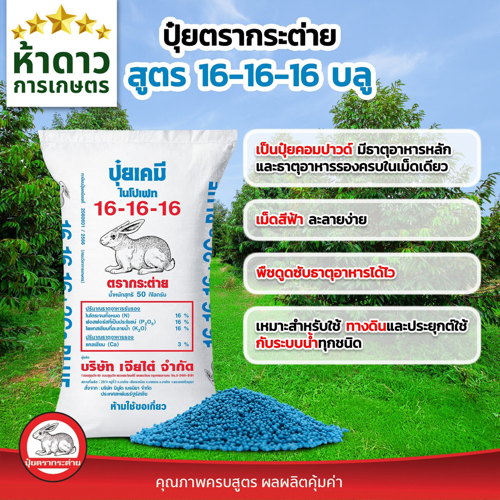 (ยกกระสอบ 50กก.) ปุ๋ยเคมี สูตรเสมอ 16-16-16บลู(เม็ดสีฟ้า)+Ca3% ปุ๋ยตรากระต่ายแท้100% บำรุงต้น-ดอก-ผล ใช้ได้กับพืชทุกชนิด