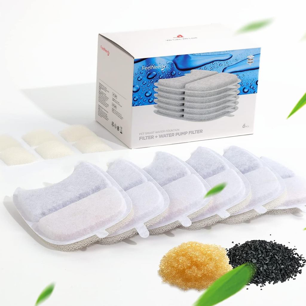 FEELNEEDY ไส้กรองน้ําพุแมว 6 แพ็ค & ฟองน้ําปั๊ม 6 แพ็ค ไส้กรองสําหรับน้ําพุแมว 135 fl oz/4L (YPD-C00