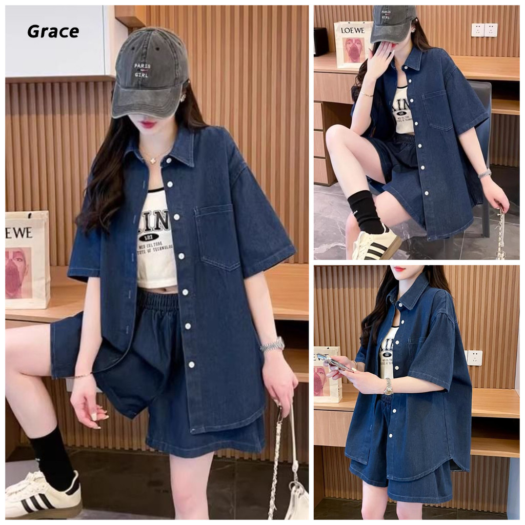 [Grace] (Ready Stock) ชุดเดนิมผู้หญิงแฟชั่น เสื้อยีนส์+กางเกงขาสั้นกีฬาลําลองชุดสูทสองชิ้น GRL194 #