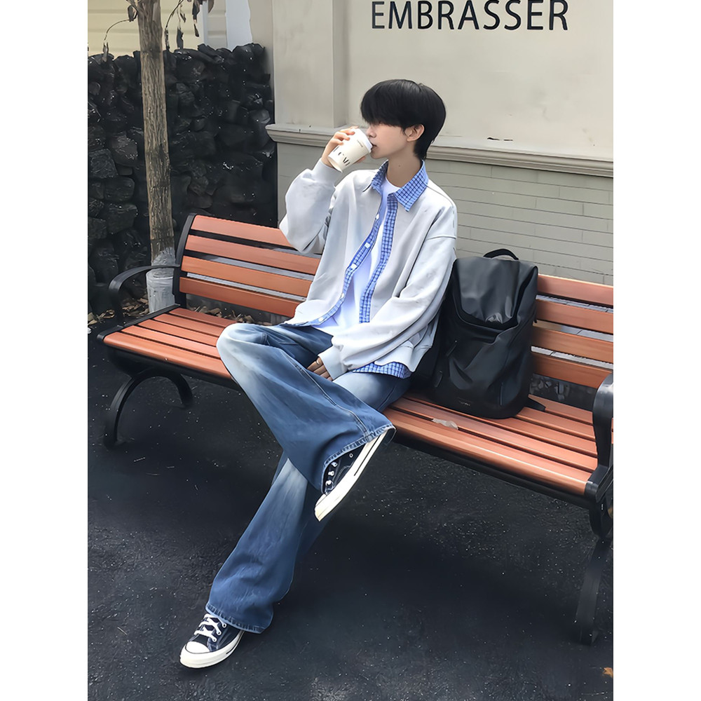 gq เสื้อเชิ้ต เสื้อแขนยาว เสื้อสเวตเตอร์คาร์ดิแกนคอปกเสื้อเชิ้ตลายสก๊อตปลอมสองชิ้นสำหรับผู้ชายเสื้อโ