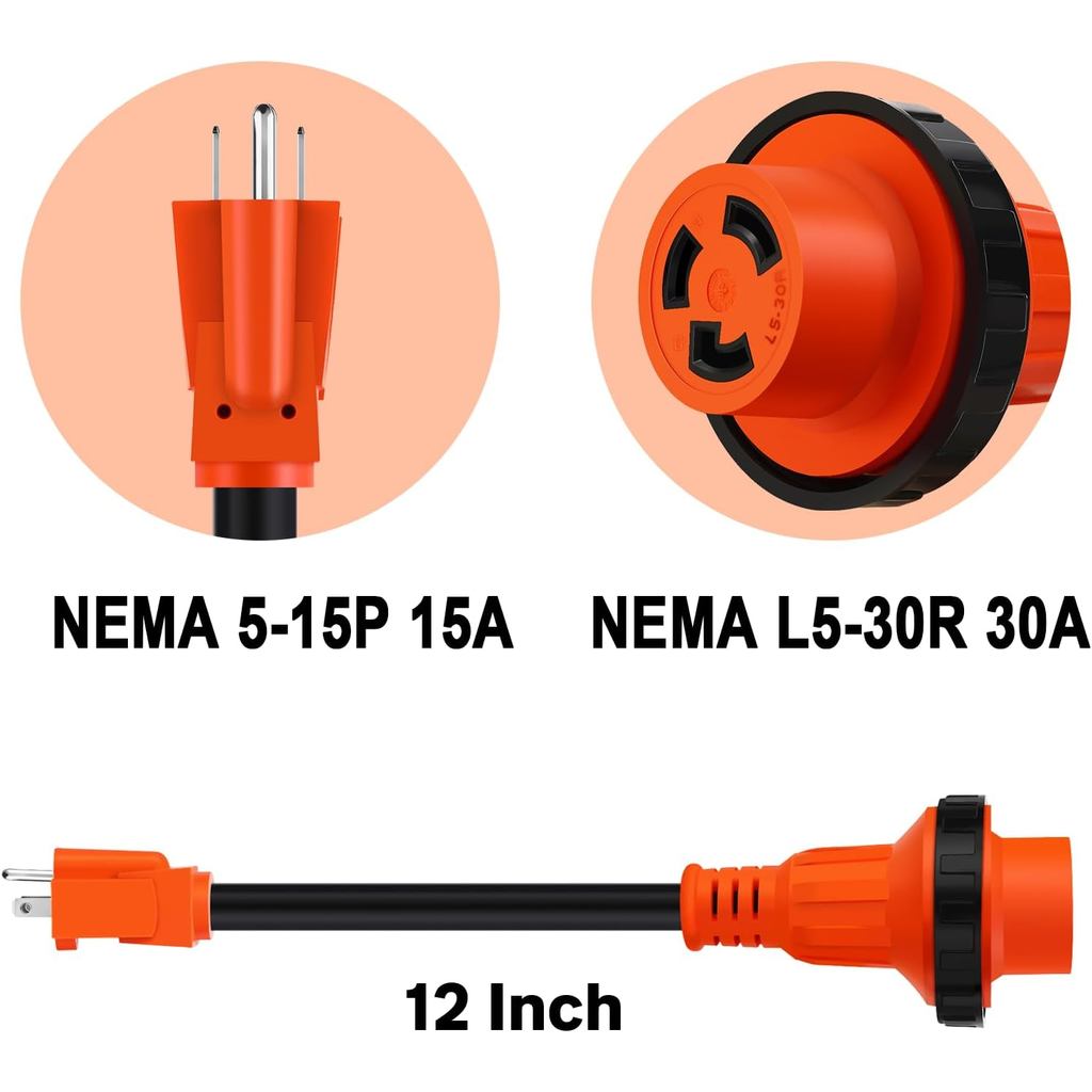 30 Amp to 110 Volt RV Adapter NEMA 5-15P to NEMA L5-30R 110 Volt RV Adapter Twist Lock Cord 10/3 Gau