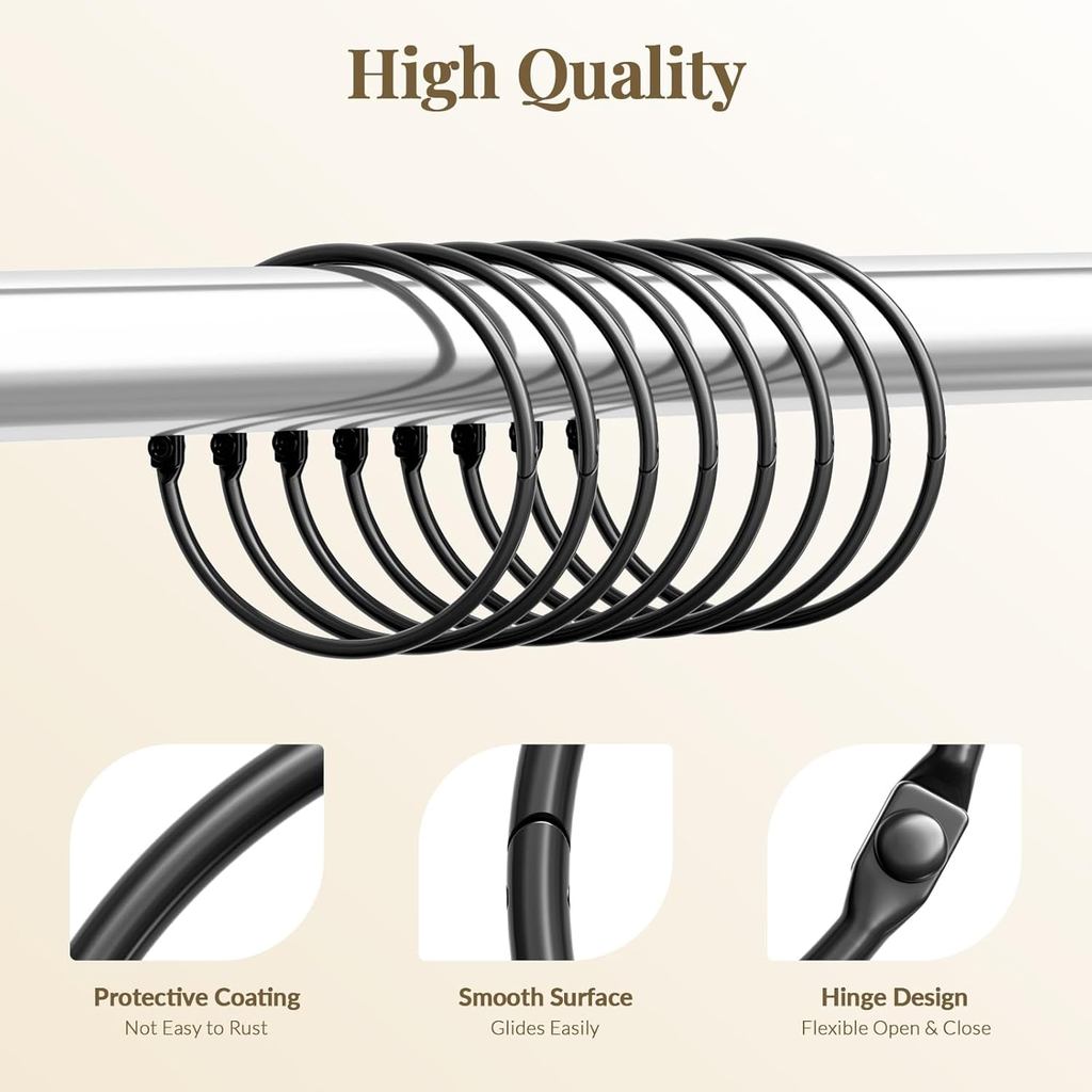 Shower Curtain Rings, Bathway Shower Curtain Hooks, Black Shower Curtain Rings Rust Proof, Anti-Drop