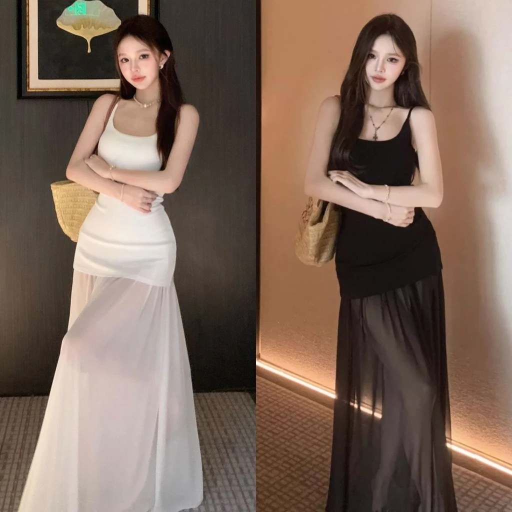 🐟Mary🐟ชุดไปทะเล เข้ารูป สีพื้น เปิดไหล่ สายเดี่ยว แขนกุด เดรสยาว ผ้าซีทรูเบาบาง แฟชั่น ทรงเอ