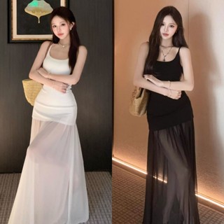 🐟Mary🐟ชุดไปทะเล เข้ารูป สีพื้น เปิดไหล่ สายเดี่ยว แขนกุด เดร…