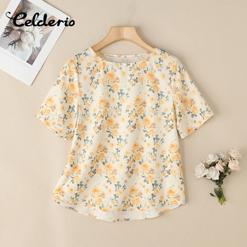 Celderio เสื้อวินเทจสำหรับผู้หญิง แบบโอคออาร์มสั้น พิมพ์ลายดอกไม้ ทรงคลายตัว