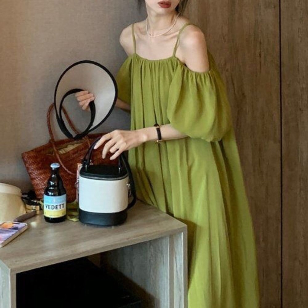 สีเขียวปิดไหล่ชุดสลิงผู้หญิงฤดูร้อน 2025 ใหม่ภาษาฝรั่งเศสคําปิดไหล่ Elegant Slimming Beach Dress Shop Lzboi 4 th b_autumn380.th